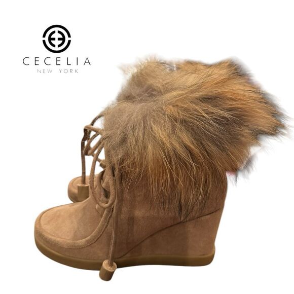 Cecelia New York Women's Holly Chestnut Tan Suede Fur Platform Ankle Booties 8 - Picture 2 of 7